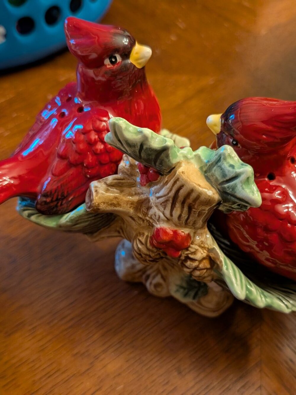 Red Bird Cardinal Salt & Pepper Shakers & Under Plate Cracker Barrel